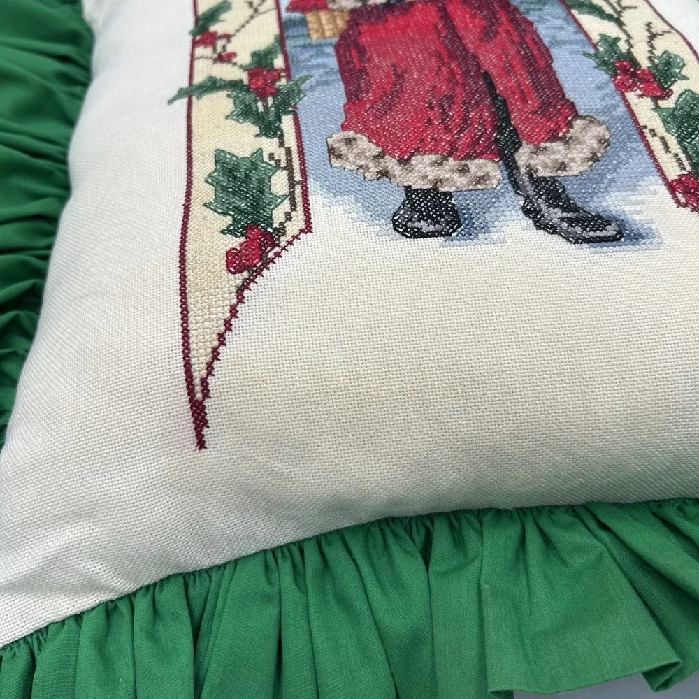Vintage Handmade Cross Stitch Christmas Pillow Santa‎ Claus Ruffled Trim